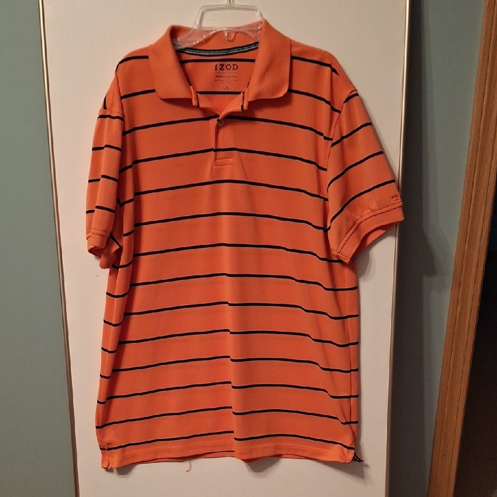 IZOD Men's Polo Shirt in Orange with Navy Stripes
